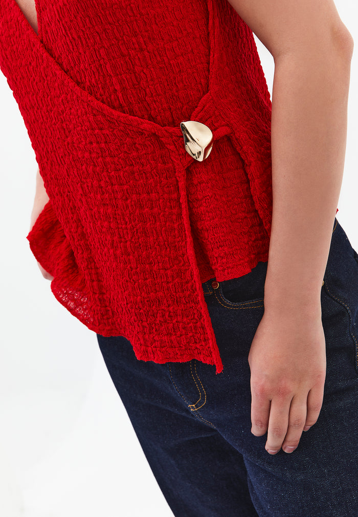 V Neck Blouse Without Sleeve Detail - RACING RED
