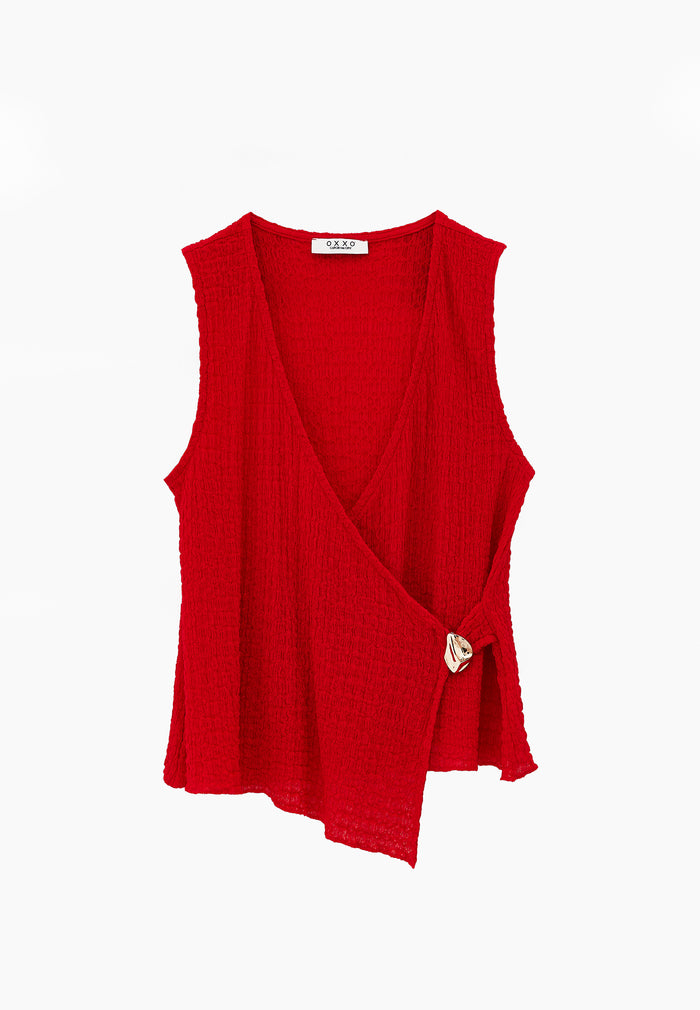 V Neck Blouse Without Sleeve Detail - RACING RED