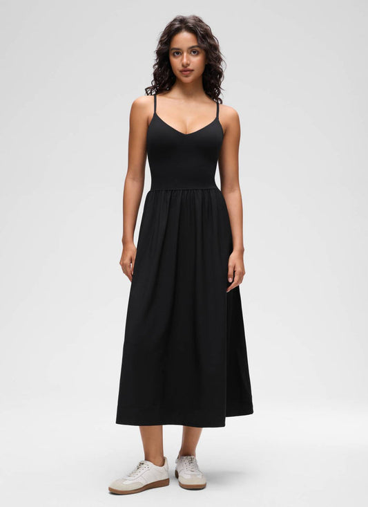 CRZ YOGA Women's Casual V Neck Built in Bra Long Dress Black