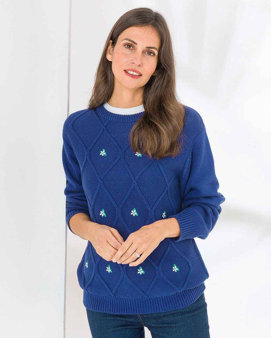 Vida Floral Embroidered Pure Cotton Sweater - Navy - The Classic Boutique