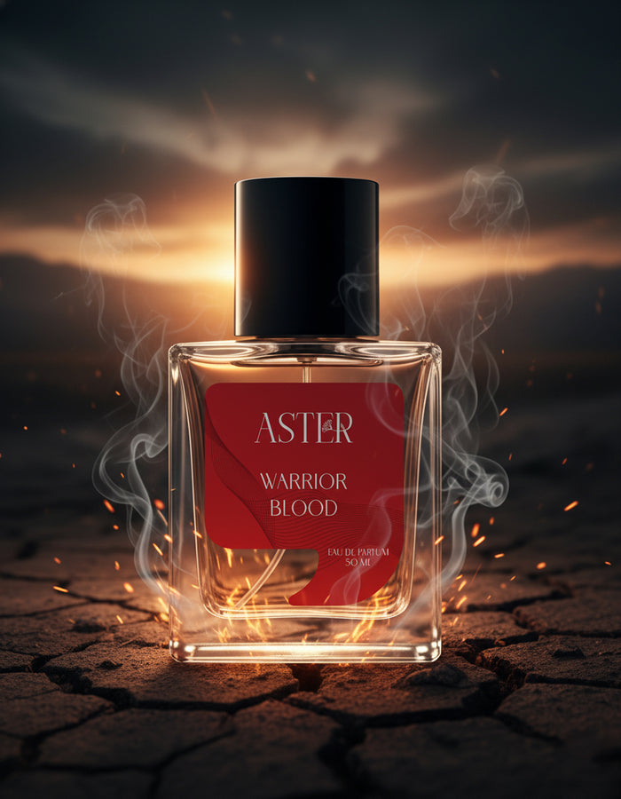 Perfume bottle labeled 'Aster Warrior Blood' with a dramatic background