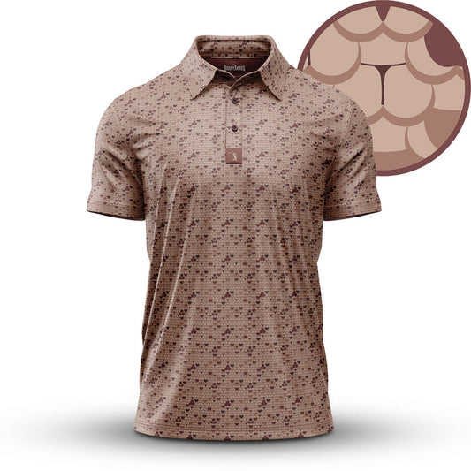 The Whale Tail - Sand - Polo is a beige, athletic-fit polo with a collar and three buttons, featuring a subtle brown scale pattern and UPF 50 protection. Includes close-up of the unique pattern on a blank background.