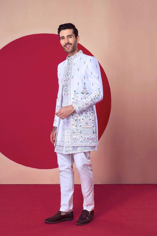White Hand-Embroidered Indo-Western Jodhpuri Set