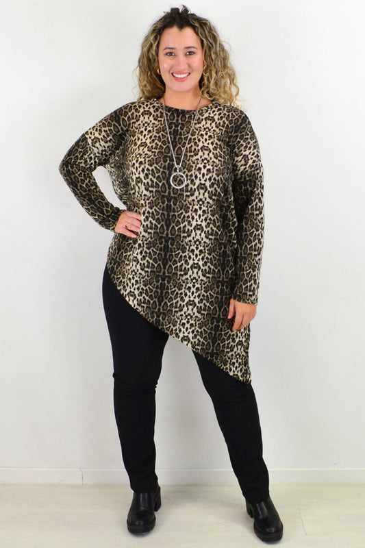 Brown asymmetrical hem tunic top by Caroline Morgan, featuring animal print and long flowing design for ladies.