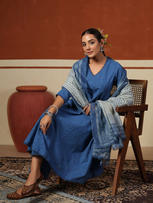 Women's Blue Cotton Kurta Set with Printed Chanderi Dupatta
