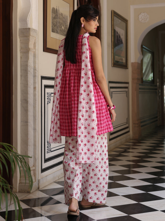 Women's Cotton Floral Embroidered Farshi Kurta Set With Dupatta