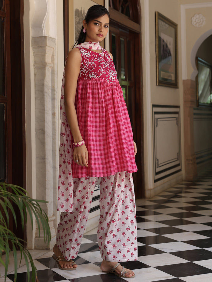 Women's Cotton Floral Embroidered Farshi Kurta Set With Dupatta
