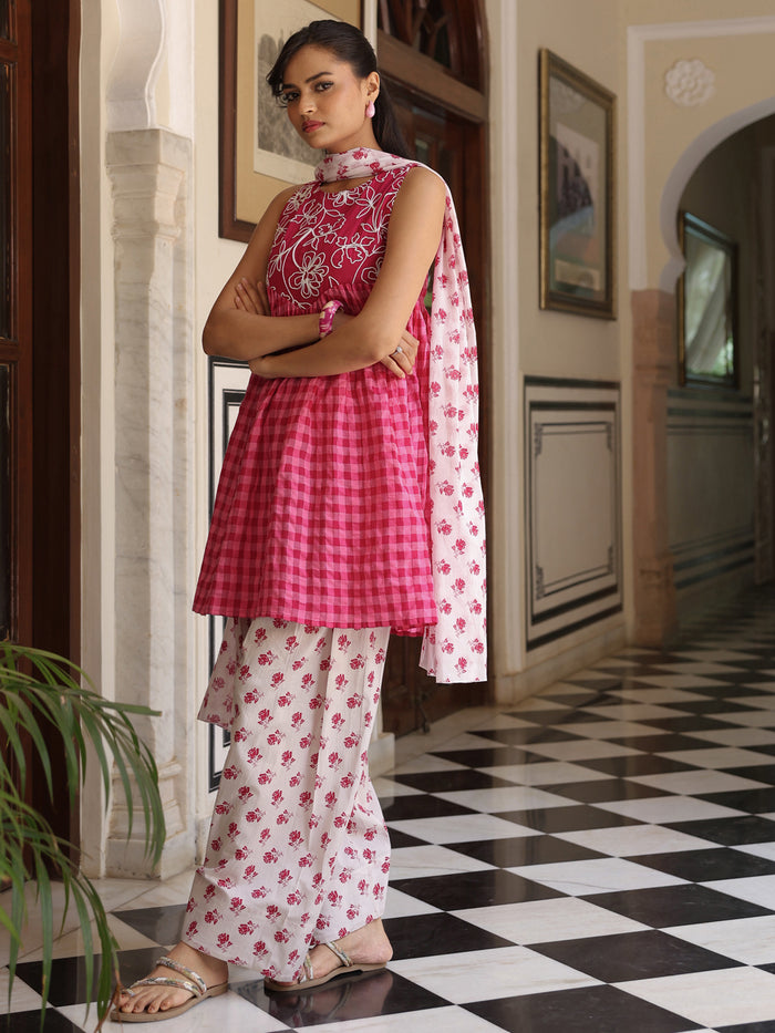Women's Cotton Floral Embroidered Farshi Kurta Set With Dupatta