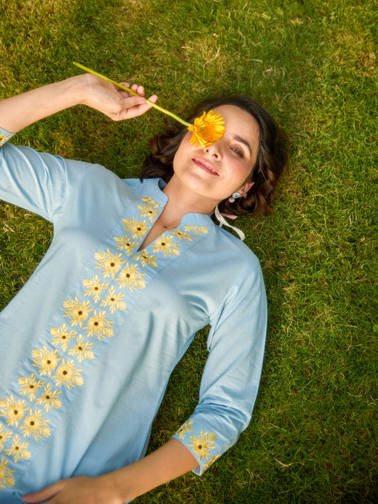 Women's Cotton Floral Embroidered Straight Kurta Set