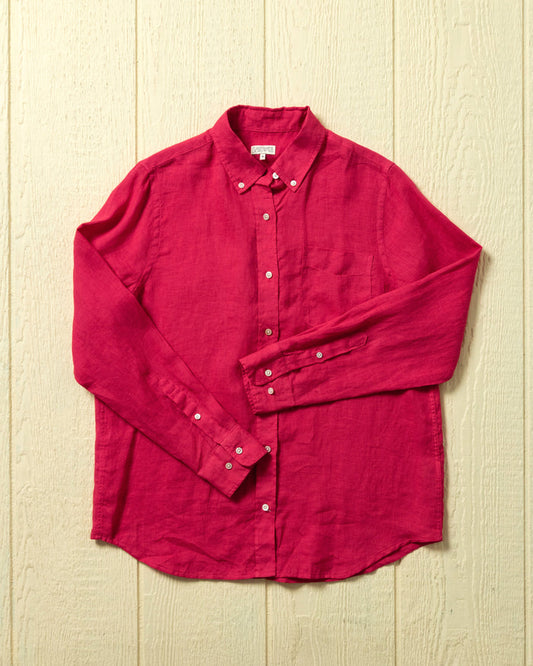 Women's Garment Dyed Linen Shirt in Crimson
