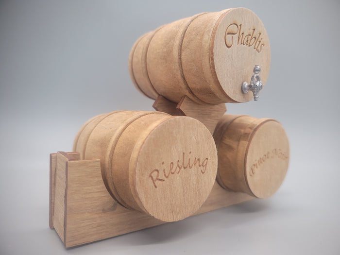 Wooden Barrel Display Stand 3 Tier - Large - Chablis, Riesling, and Pinot Noir