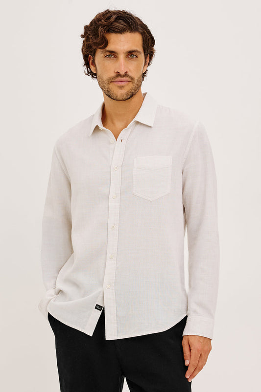 Wyatt Shirt in Cotton Slub Plainweave With Classic Fit, Collar, Button Front, Chest Patch Pocket, Long Sleeves, Shirttail Hem in Ivory Etch Colorway - Upper Body Front View Featured on Model
