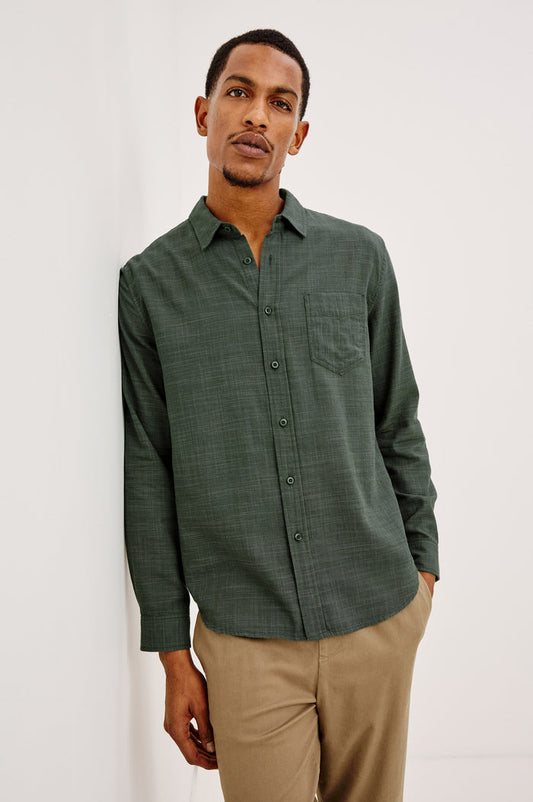 Wyatt Shirt in Cotton Slub Plainweave With Classic Fit, Collar, Button Front, Chest Patch Pocket, Long Sleeves, Shirttail Hem in Pine Etch Colorway - Upper Body Front View Featured on Model