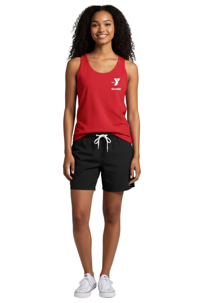 The Lifeguard Store red 100% cotton YMCA Guard tank top with white logo on front.