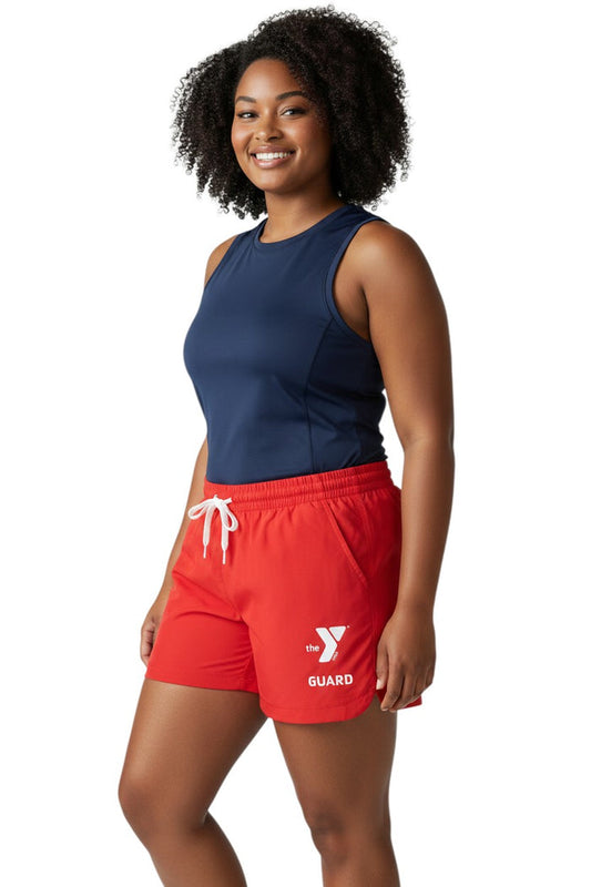 The Lifeguard Store red polyester YMCA Guard Roll shorts with elastic waistband, drawstring, and pockets. UPF30+.