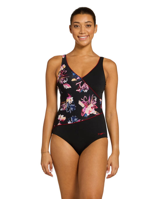Zoggs Yuma Wrap Front Swimsuit - Black/Pink